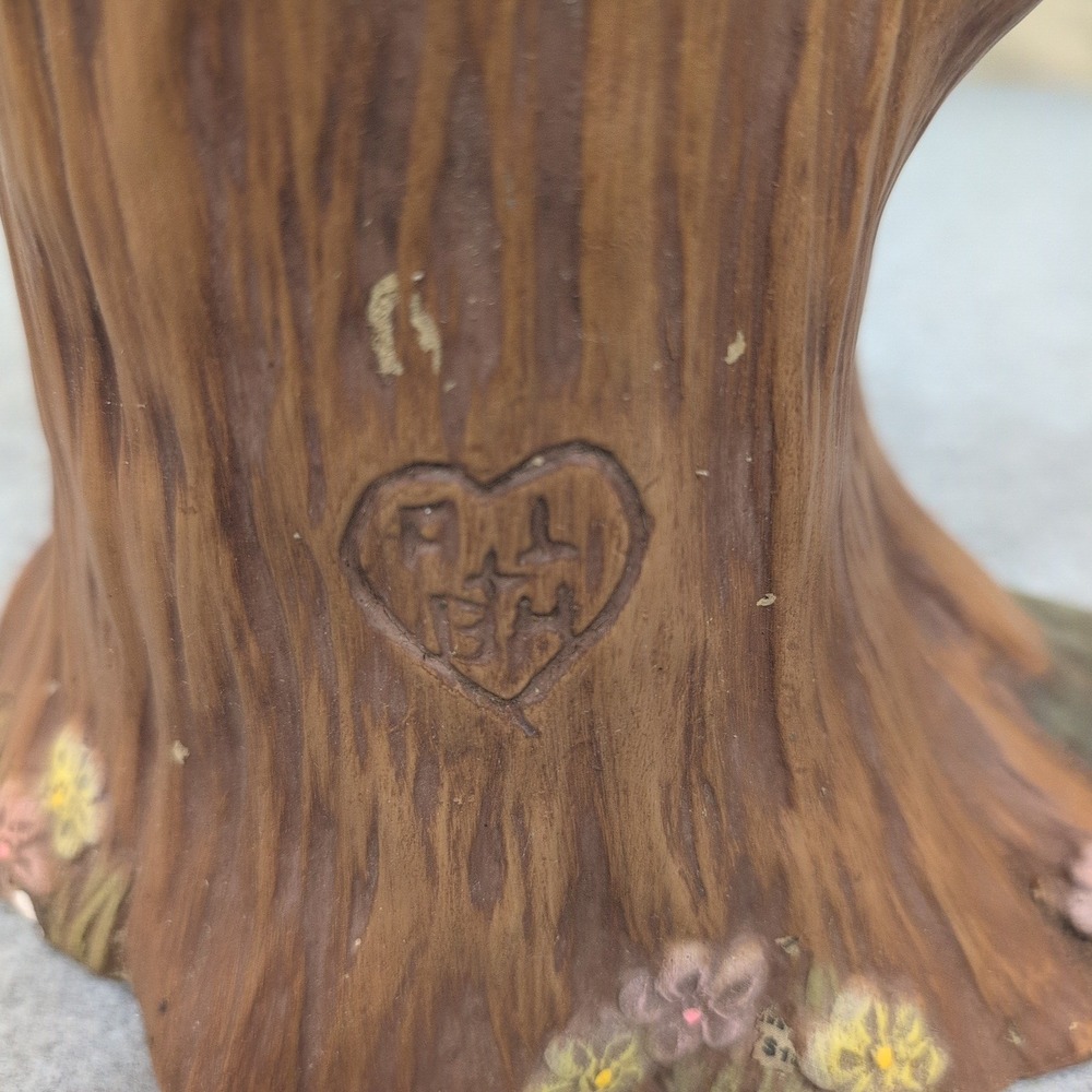 Vintage Tree Stump Ceramic Planter Bark Texture Heart Carving Brown Floral - Picture 6 of 13